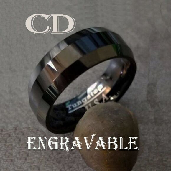 Personalized Men's Real Black Tungsten Wedding Ring - Step edges - Picture 1 of 7